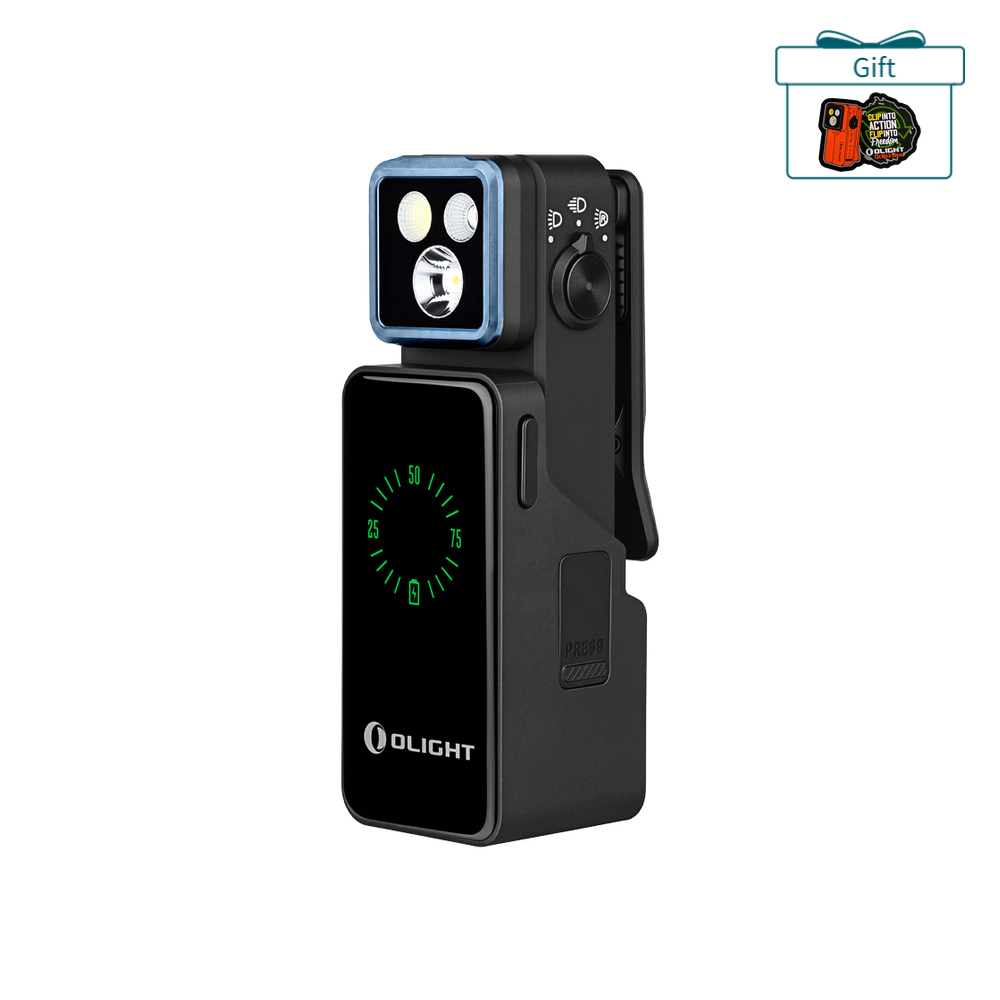 Black Olight Oclip Headband Charging Case Side View with Green LED Power Indicator for Portable Headlamp Charging