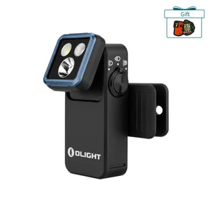 Olight Black Oclip Clip-On Light with Blue Bezel Side View Featuring Adjustable LED Head and Built-In Clip for Hands-Free Use