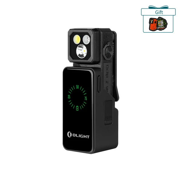 Olight Black Oclip 2 Headlamp and Charging Case Side View featuring LED Display for Outdoor Hands-free Lighting