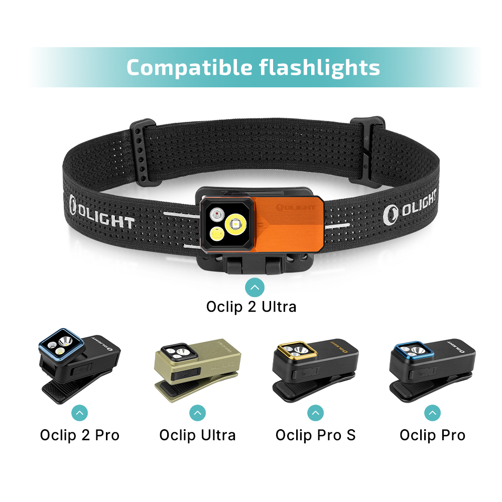 Olight Black Headband with Orange Oclip 2 Ultra for Hands-Free Outdoor Lighting and Multi-Model Compatibility
