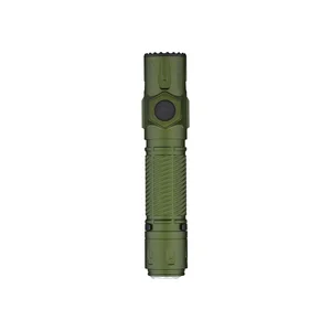 Olight Warrior Ultra tactical flashlight in OD green with textured grip and side switch on white background.of