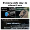 Olight flashlight showing magnetic charging, tactical handheld use, and remote switch compatibility for diverse conditions.