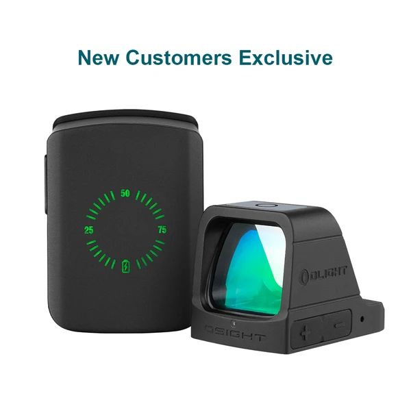 Olight Odiance red dot sight and a black power bank with a green battery level indicator for new customers.