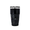 Black insulated travel tumbler with white topographic map pattern, silver rim, clear lid.