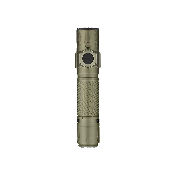 Olight Warrior 3S tactical flashlight in OD green with textured grip and side switch on a white background.of
