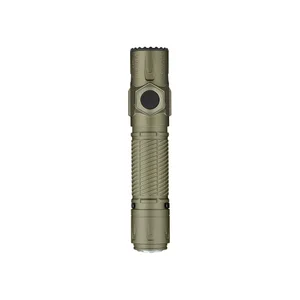 Olive green handheld tactical flashlight, featuring a textured body for grip and a large side switch