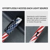 Tactical pen with American flag design, power button, and bolt-action mechanism for light and pen tip control.