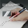 Hand writing with a USA flag patterned pen on a notepad, highlighting its textured grip for comfort.