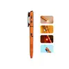 Multifunction orange metal pen with built-in flashlight, red light, and green laser pointer, shown with various features.