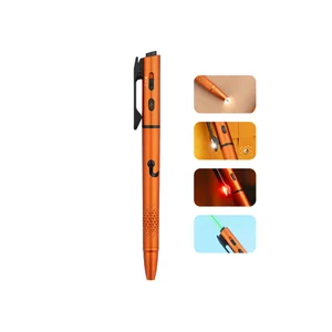 Multifunction orange metal pen with built-in flashlight, red light, and green laser pointer, shown with various features.