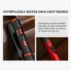 Black tactical penlight showing side switches and bolt action mechanism for light source selection.
