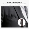 Black pocket flashlight clipped securely to a gray suit pocket with inset showing the spring-loaded clip mechanism