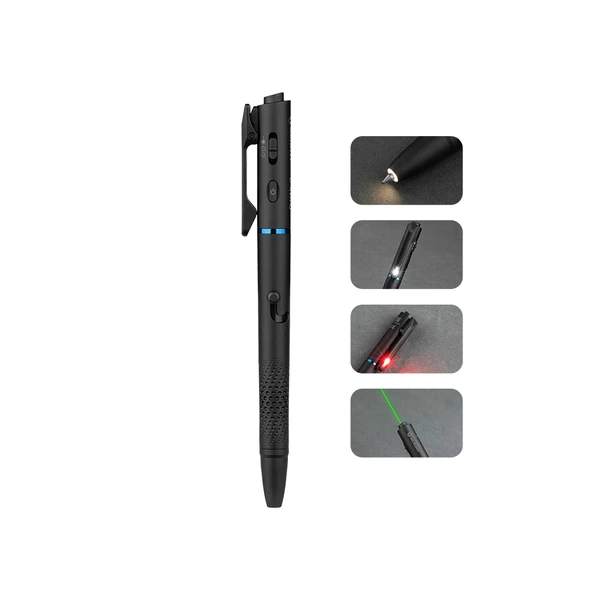 Black tactical pen with integrated flashlight, laser pointer, and red light, shown with functions highlighted.