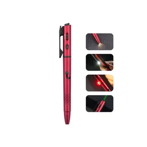 Red multifunctional tactical pen with flashlight, glass breaker, red light, and green laser pointer.