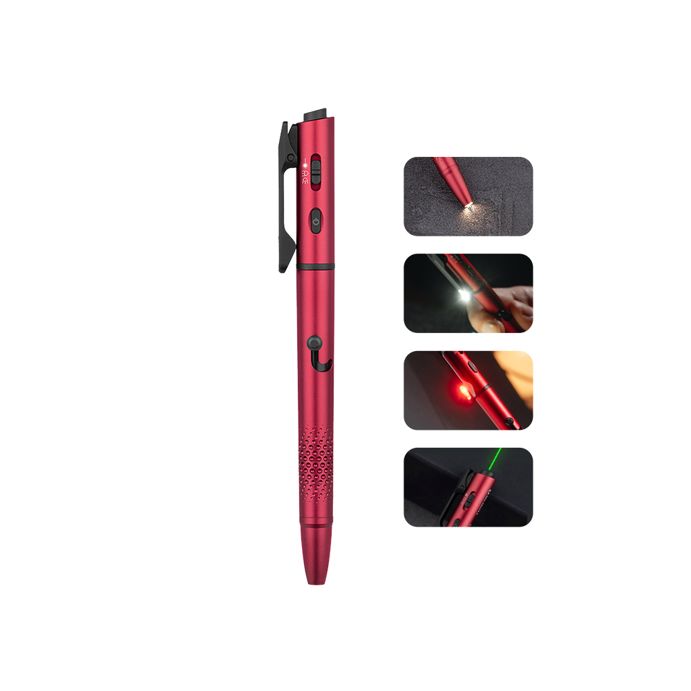 Red tactical penlight with green laser, LED beam, and writing tip features shown in inset photos