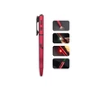 Red tactical penlight with green laser, LED beam, and writing tip features shown in inset photos