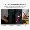 Red 4-in-1 multifunctional penlight showing pen tip light, green beam laser, pen clip light, and writing pen.