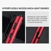 Olight red penlight showing switch button and bolt action mechanism for controlling light sources and pen tip.