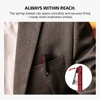 Red pocket light with spring loaded clip secured in a suit jacket pocket and close-up of the opening clip mechanism