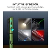 Multi-function pen with green laser, warm tip light, white clip light, and red light for seamless switching.