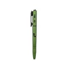 Metallic green bolt action penlight with integrated pocket clip, power button, and textured grip on white background