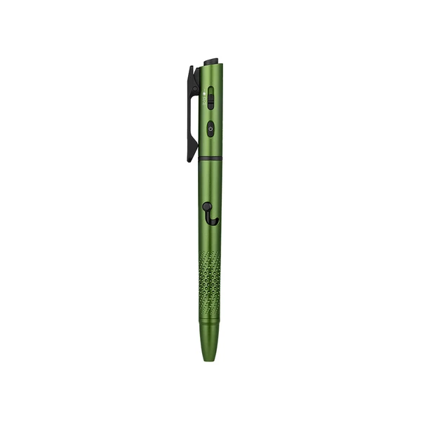 Metallic green bolt action penlight with integrated pocket clip, power button, and textured grip on white background