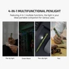 Green 4-in-1 multifunctional penlight with pen tip light, green beam, and pen clip light, used for writing and illuminating.