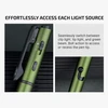 Green tactical pen with clip light, tip light, green beam, and bolt action mechanism.