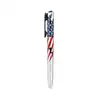 Tactical pen with American flag design, black clip, textured silver grip, and integrated LED light switch.