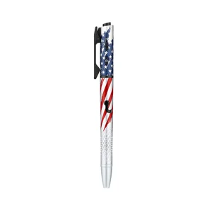 Tactical pen with American flag design, black clip, textured silver grip, and integrated LED light switch.