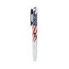 Patriotic tactical pen featuring an American flag design with a built in flashlight and textured silver grip