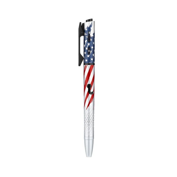 Patriotic tactical pen featuring an American flag design with a built in flashlight and textured silver grip