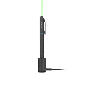 Black O'Pen Glow pen laser pointer with green beam, charging in its base.
