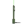 Green O Pen Glow laser pointer pen charging in its dock, emitting a bright green beam.
