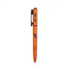 Orange tactical pen flashlight with textured grip pocket clip and control buttons on white background