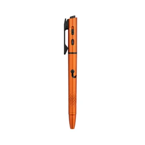 Orange tactical pen flashlight with textured grip pocket clip and control buttons on white background