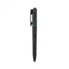 Black tactical pen light with pocket clip, textured grip, and power button isolated on white background.