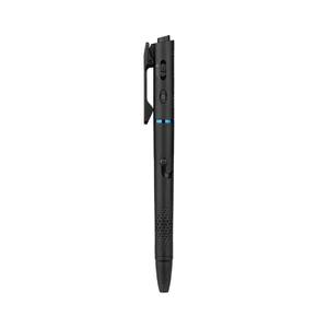 Black tactical pen light with pocket clip, textured grip, and power button isolated on white background.