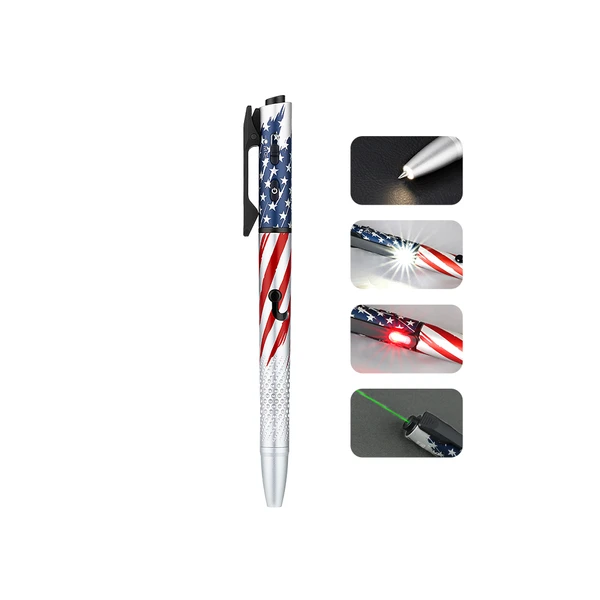American flag tactical pen with glass breaker, LED light, red light, and green laser pointer.