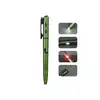 Green tactical pen with flashlight, glass breaker, red light, and laser pointer features.