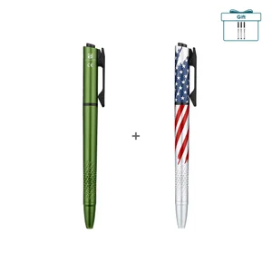 Green tactical pen with a textured grip and a patriotic American flag patterned pen, plus extra refills