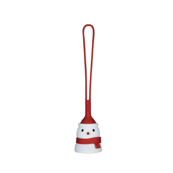 White snowman holiday ornament with a red hat, scarf, and hanging loop.