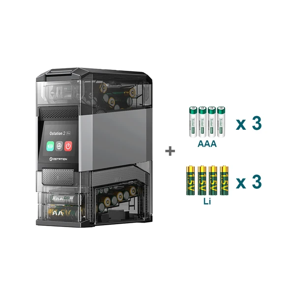 Olight Black Ostation 2 Pro with AAA and AA batteries shown for charging and storage solutions