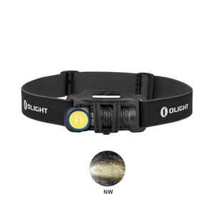 Olight neutral white LED headlamp with adjustable black headband and yellow lens bezel isolated on white background