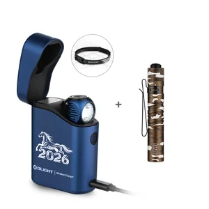 Olight blue Perun 3 Mini and camo 18TEOS flashlight with charger and headlamp for everyday carry.