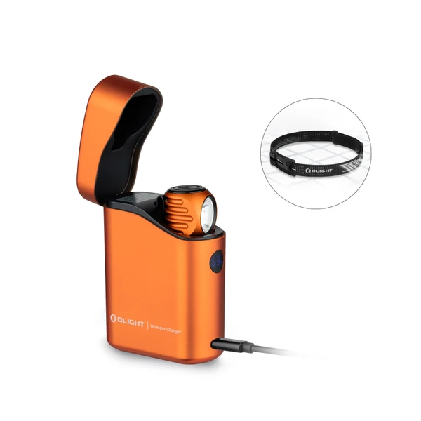Olight Orange PERUN 3 MINI Headlamp with Wireless Charger, showcasing its compact design and versatile lighting for everyday use.