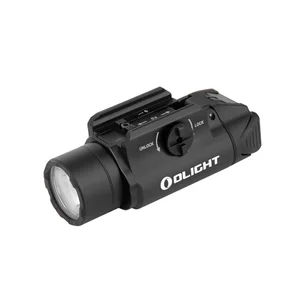 Olight black tactical weapon light with rail mount and lock switch isolated on white background