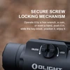Olight's secure screw locking mechanism with unlock/lock indicator, operable by wrench, coin, or hand.