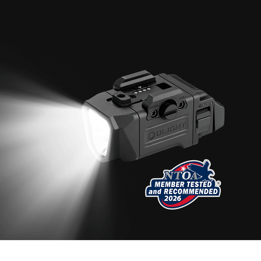 Olight Black PL X Weapon Light Side View Emitting Bright Beam and NTOA Recommended Badge for Tactical Use