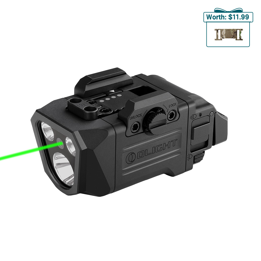 Olight Black Osight R Weapon Light Side View with Green Laser Beam for Tactical and Home Defense Use